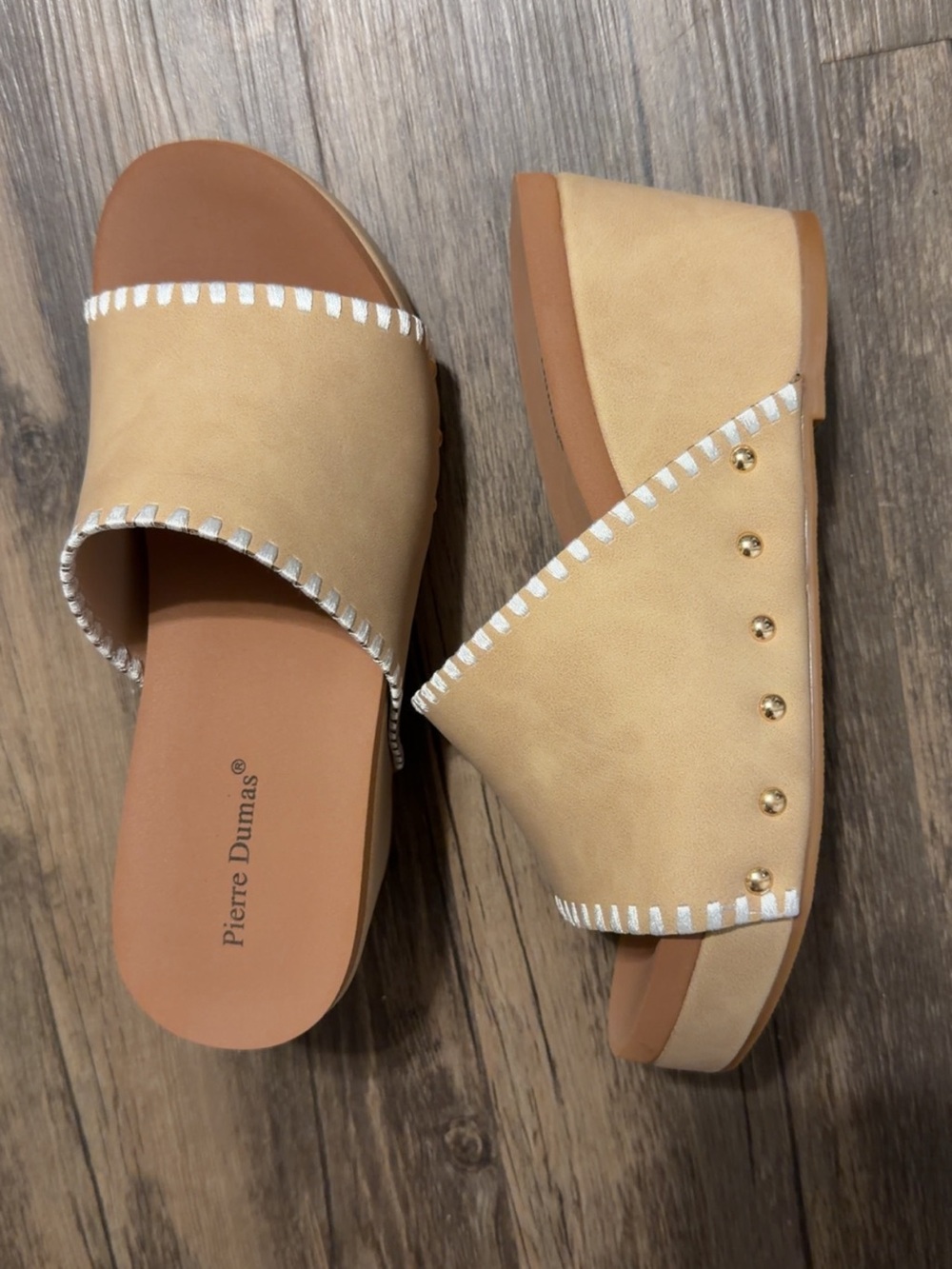 Pierre Dumas Beige-Tan Slide Clogs with Gold Studs